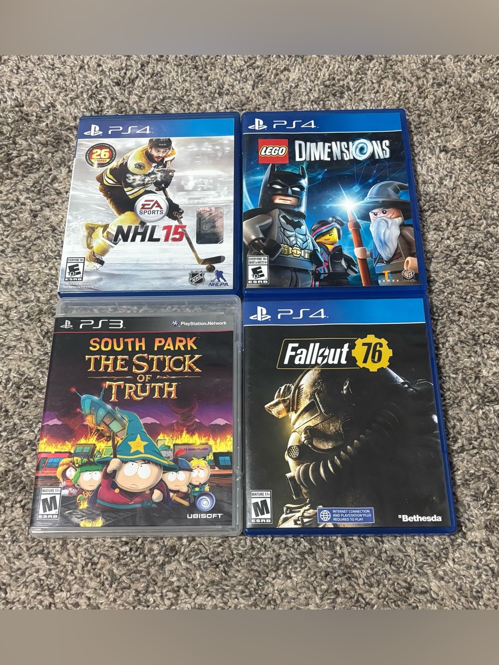 PS4 (3 games: Fallout 76, NHL 15, Lego Dimensions) & PS3 (1 game: South Park)